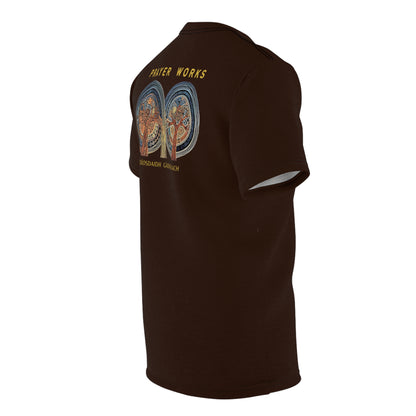 "Prayer Works – Gaelic Christian", Wearable Fine Art Unisex T-shirt (Rich Soil Brown)