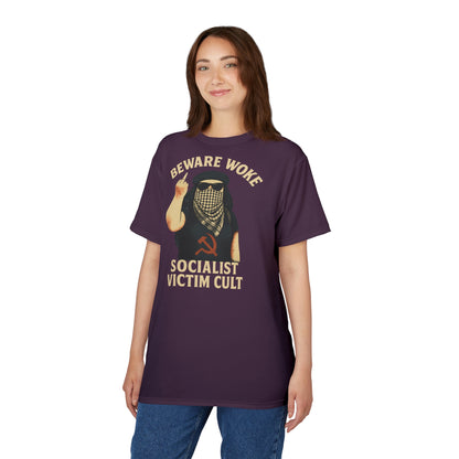 "Beware Woke - Voltaire", Wearable Art Unisex T-shirt (Blackberry Wine)