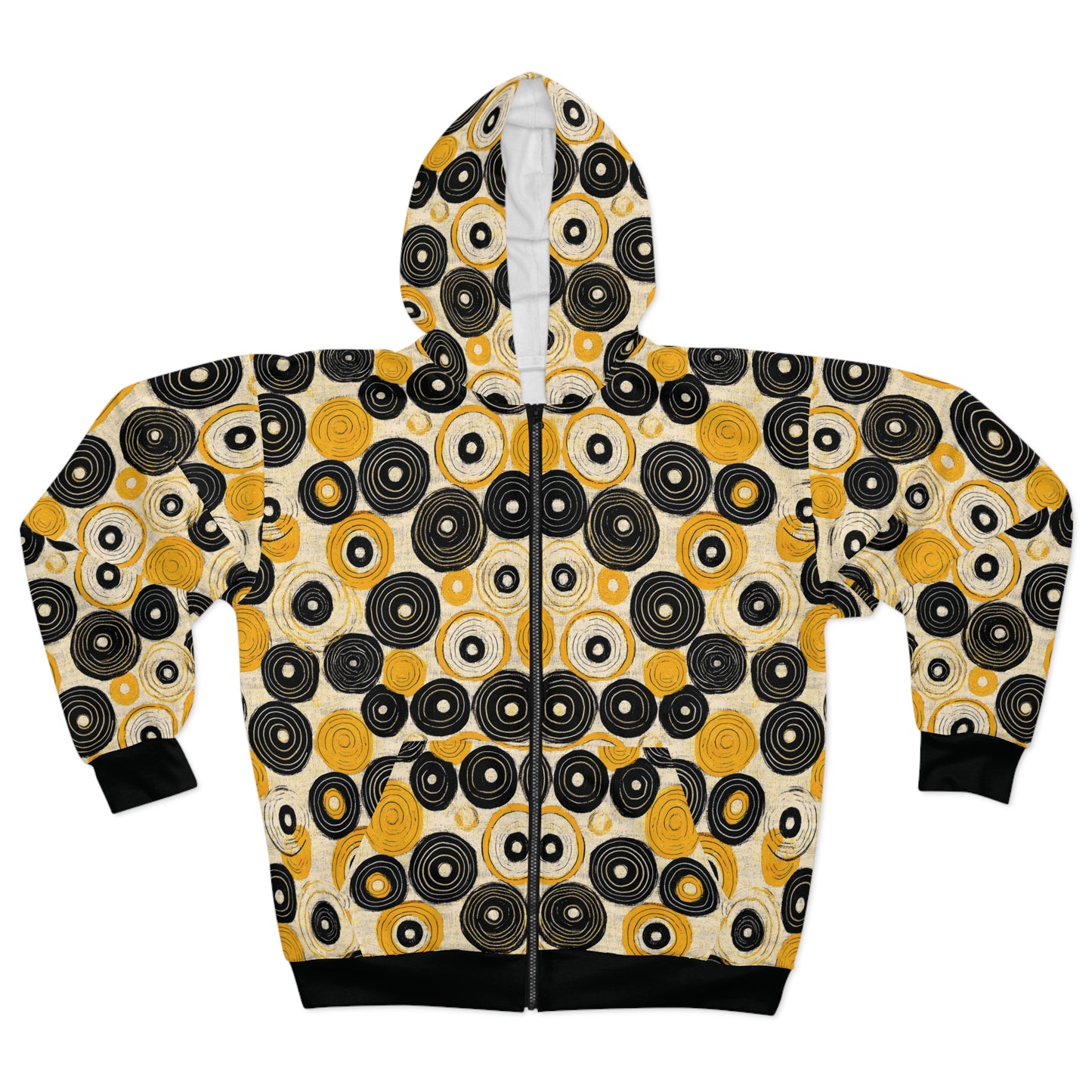 "Old 45's", Wearable Pattern Art Unisex Zip Hoodie (70's Black Cuffs)