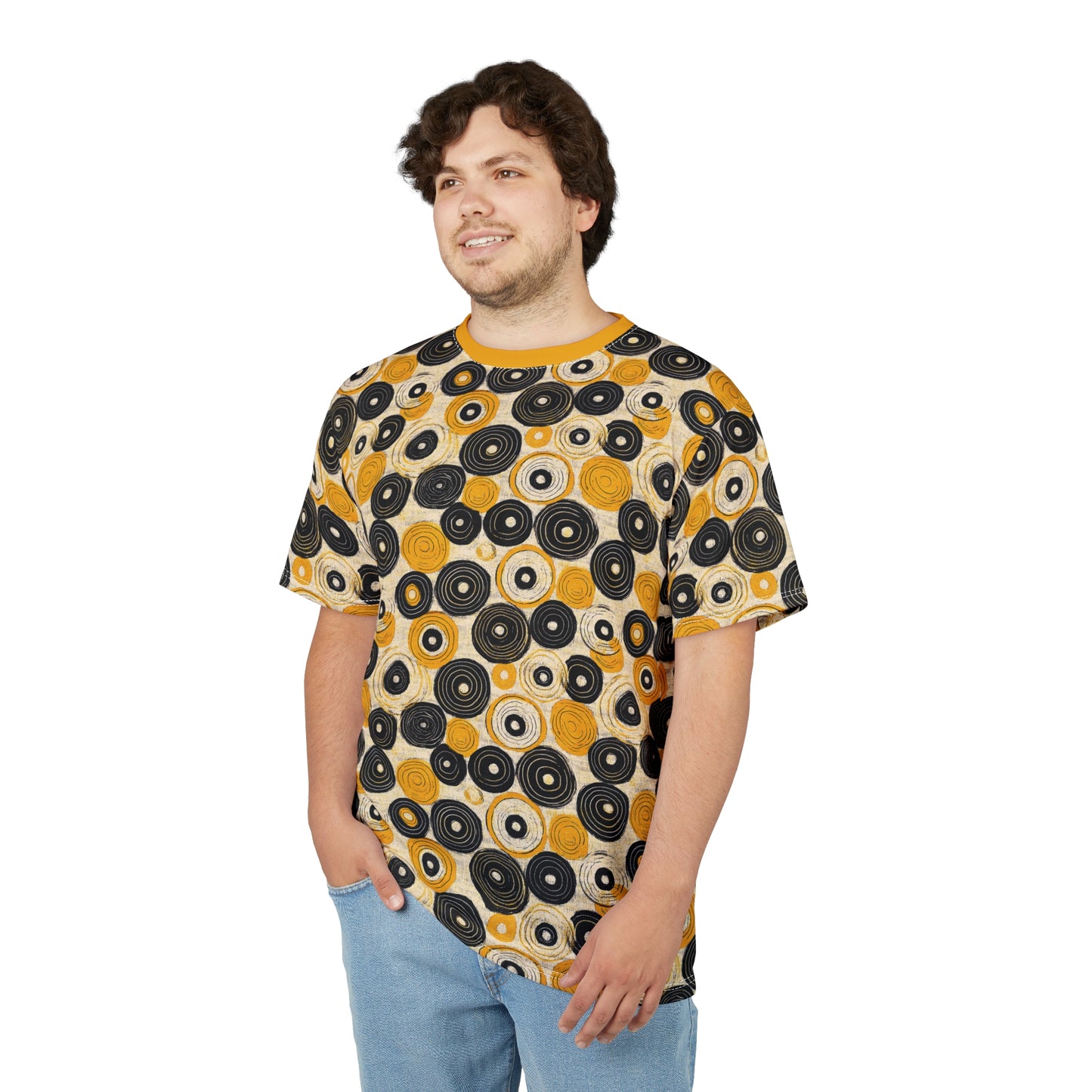 "Old 45's", Wearable Pattern Art Unisex Tee (Cyber Yellow Collar)