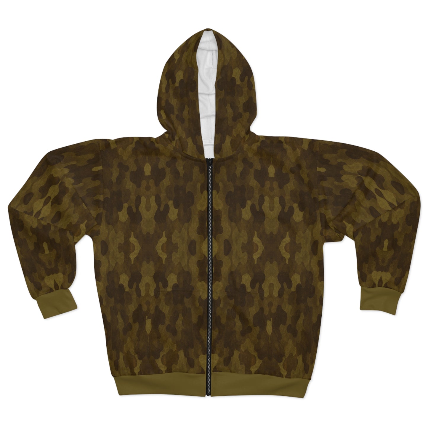 "Swamp Recon Camouflage", Unisex Wearable Art Zip Hoodie (Bogbrush Olive Cuffs and Waist)