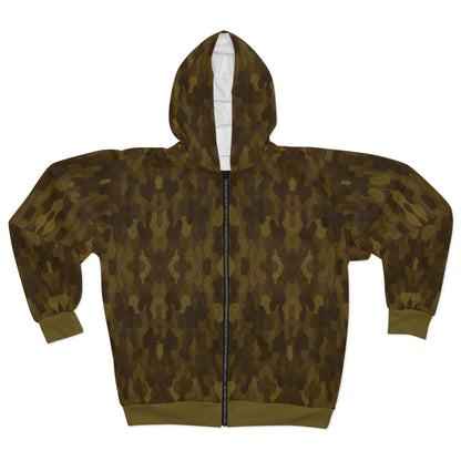 "Swamp Recon Camouflage", Unisex Wearable Art Zip Hoodie (Bogbrush Olive Cuffs and Waist)