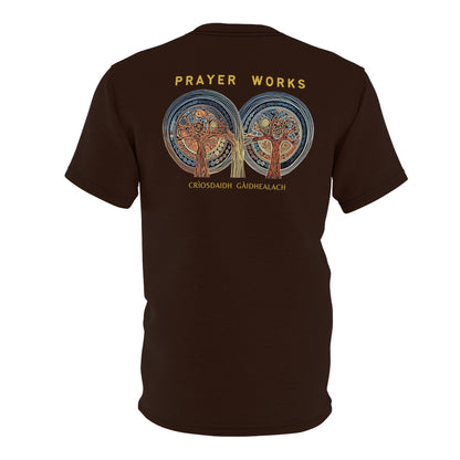 "Prayer Works – Gaelic Christian", Wearable Fine Art Unisex T-shirt (Rich Soil Brown)