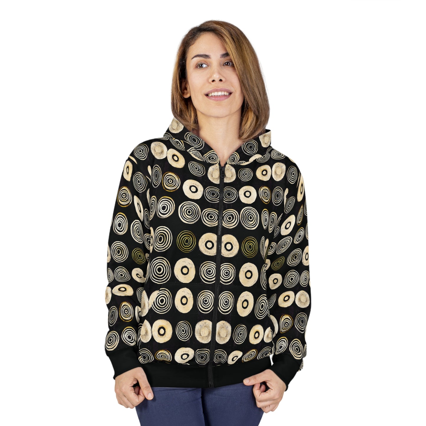 "Punk Polka", Wearable Pattern Art Unisex Zip Hoodie (Plain Black Cuffs)