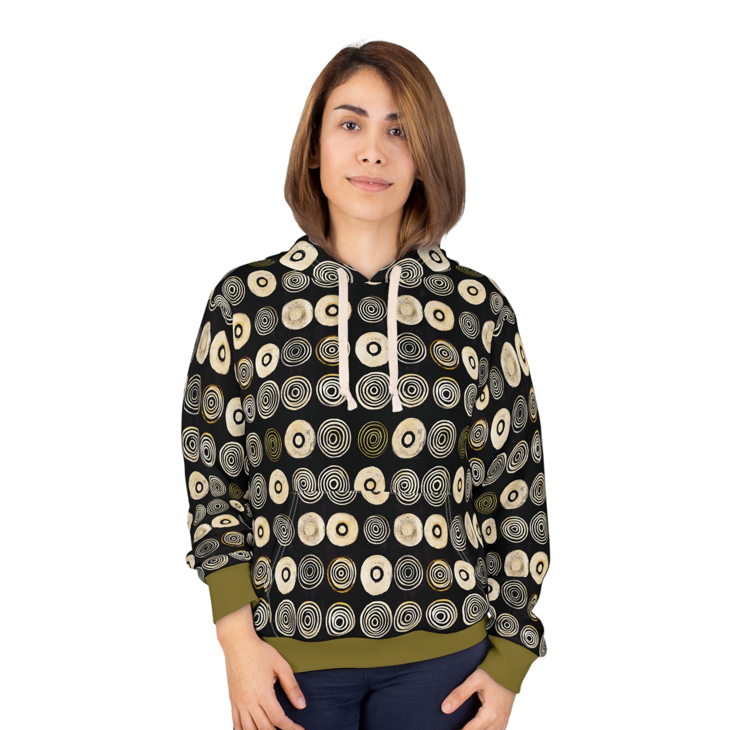 "Punk Polka", Unisex Wearable Art Pullover Hoodie (Soft Fig Green Cuffs)