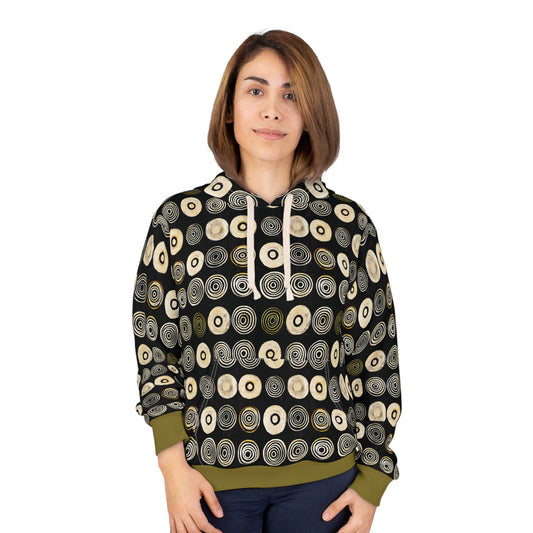 "Punk Polka", Unisex Wearable Art Pullover Hoodie (Soft Fig Green Cuffs)