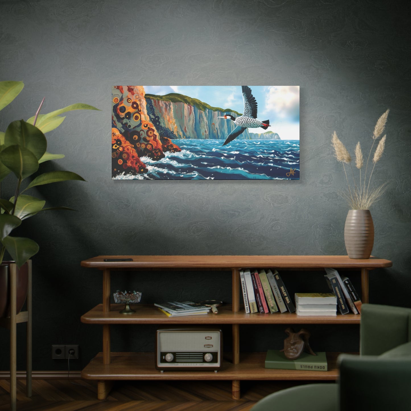 "Sky Kin V – Gannet Past the Ember Cliffs", Fine Art Matte Canvas, Stretched, 1.25"