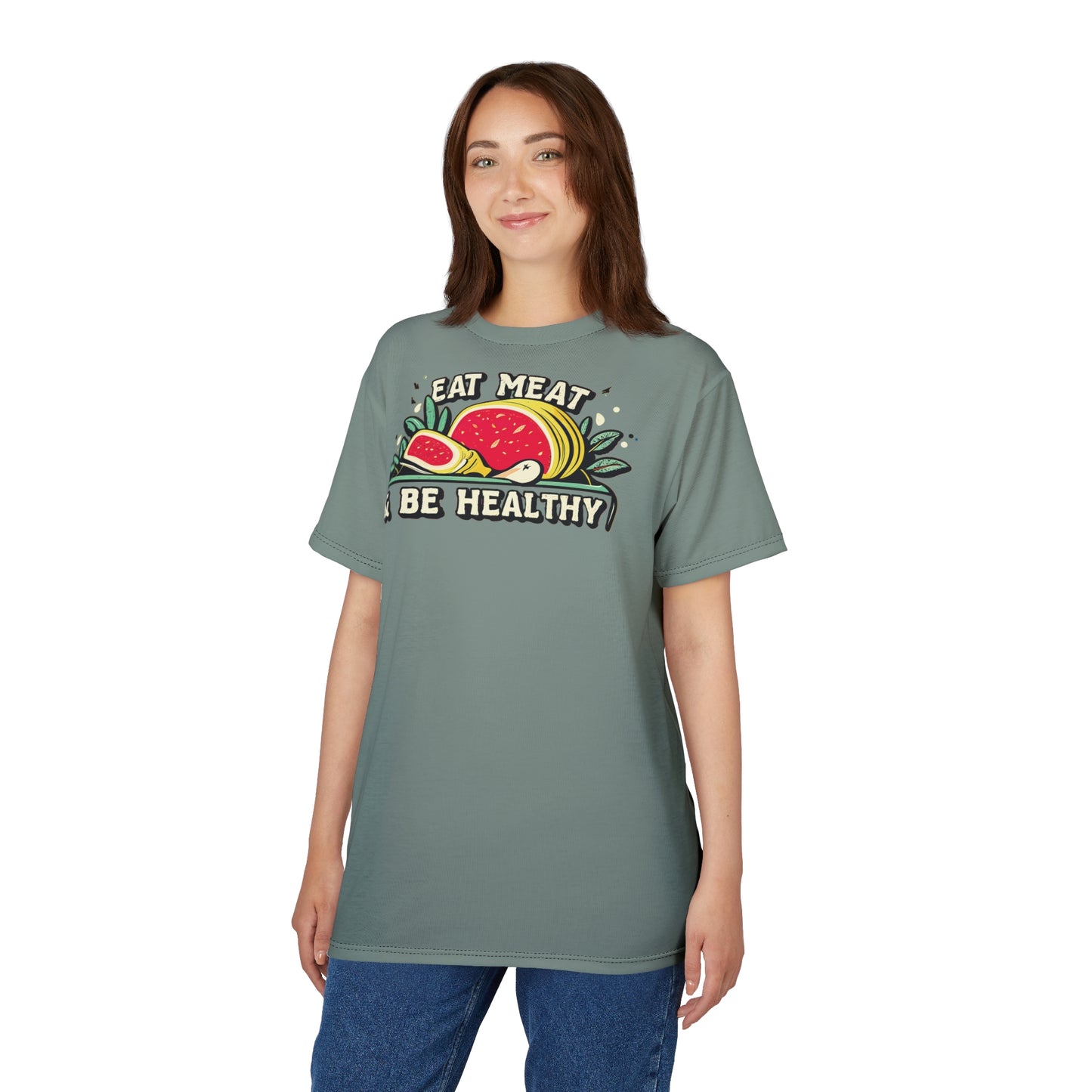 "Eat Meat & Be Healthy", Unisex T-shirt (Hebridean Flint)