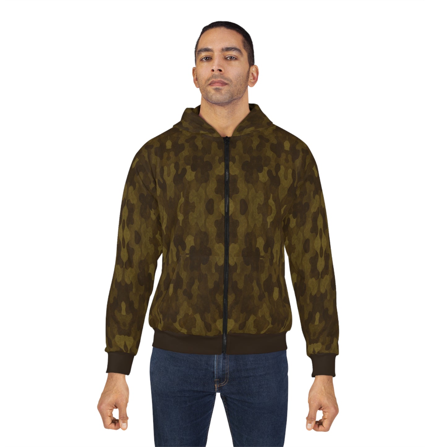 "Swamp Recon Camouflage", Unisex Wearable Art Zip Hoodie (Swamp Brown Cuffs and Waist)