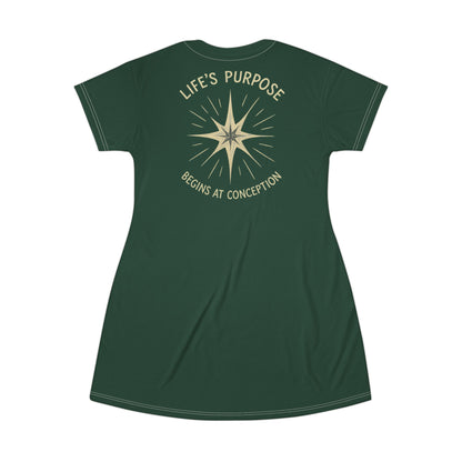 "Life's Purpose Begins at Conception #02", T-Shirt Dress (Alaskan Moss)