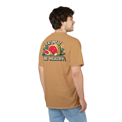"Eat Meat & Be Healthy", Unisex T-shirt (Camel Brown)