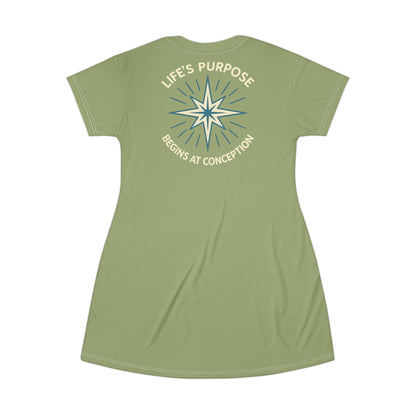 "Life's Purpose Begins at Conception #01", T-Shirt Dress (Fresh Guacamole)