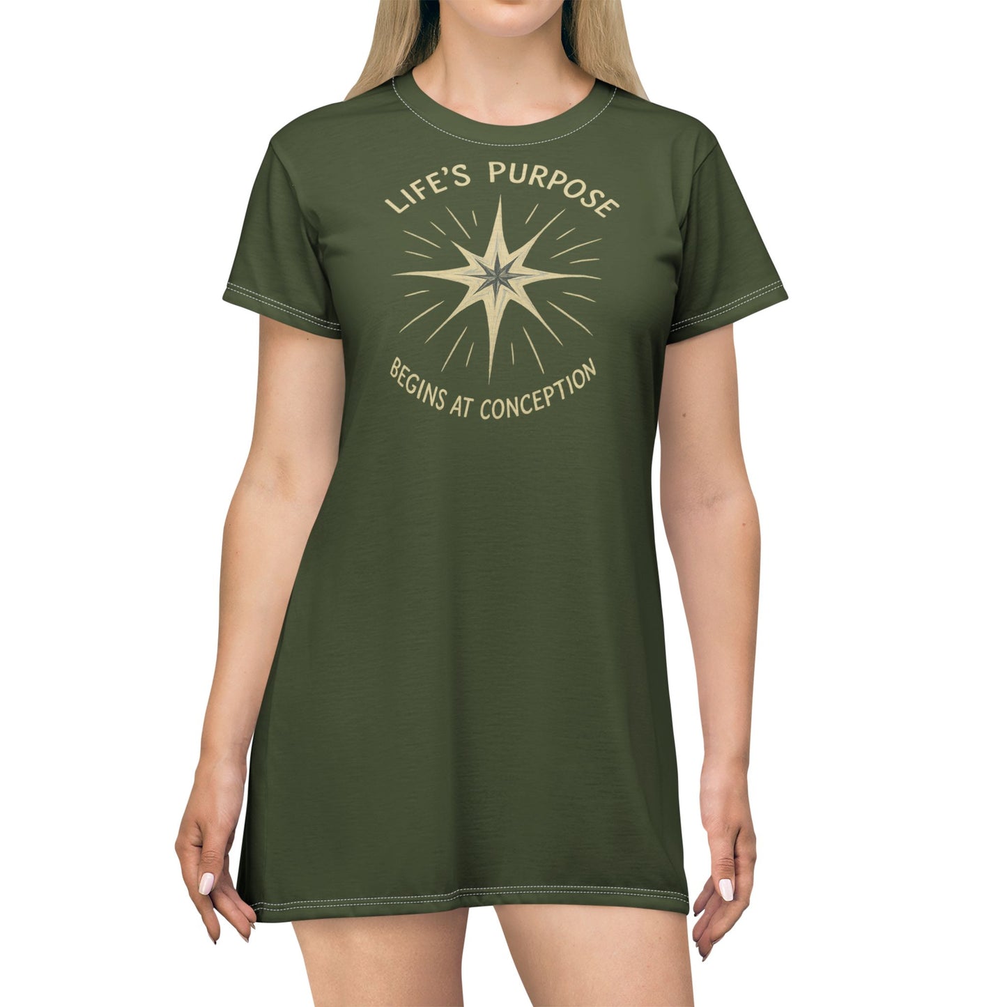 "Life's Purpose Begins at Conception #02", T-Shirt Dress (Deep Canopy Green)