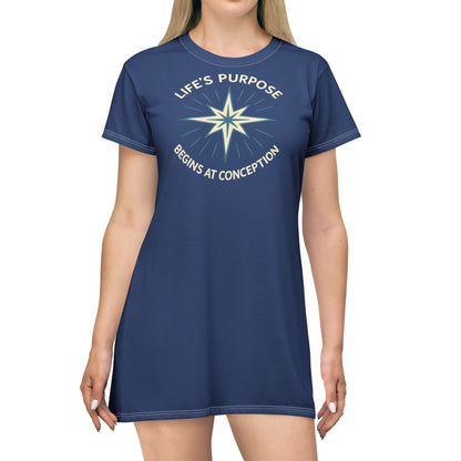 "Life's Purpose Begins at Conception #01", T-Shirt Dress (Mermaid Blues)