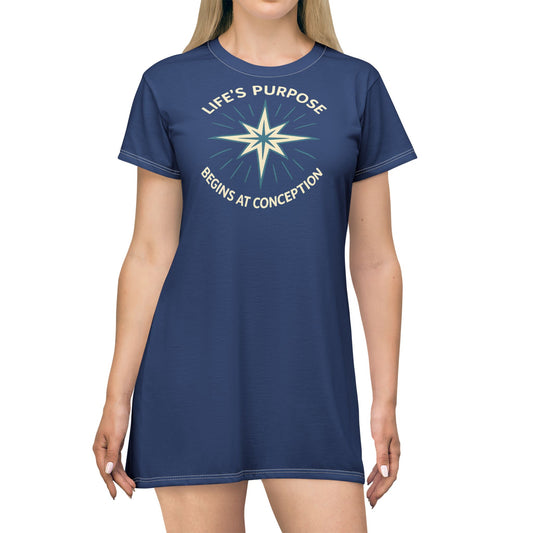 "Life's Purpose Begins at Conception #01", T-Shirt Dress (Mermaid Blues)