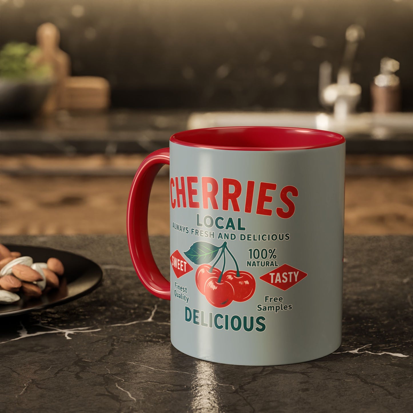 "Delicious Cherries", Colorful Mugs (11oz, 15oz) (Washed Silver-Blue)