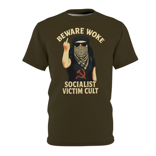 "Beware Woke - Voltaire", Wearable Art Unisex T-shirt (Olive Drab Brown)