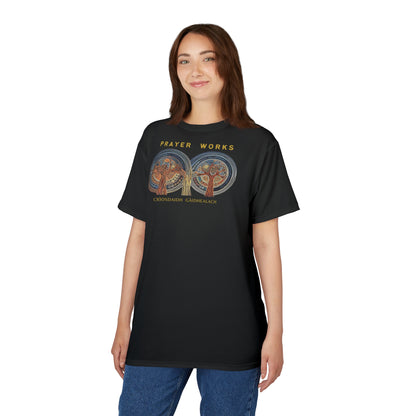 "Prayer Works – Gaelic Christian", Wearable Fine Art Unisex T-shirt (Peatshadow Black)