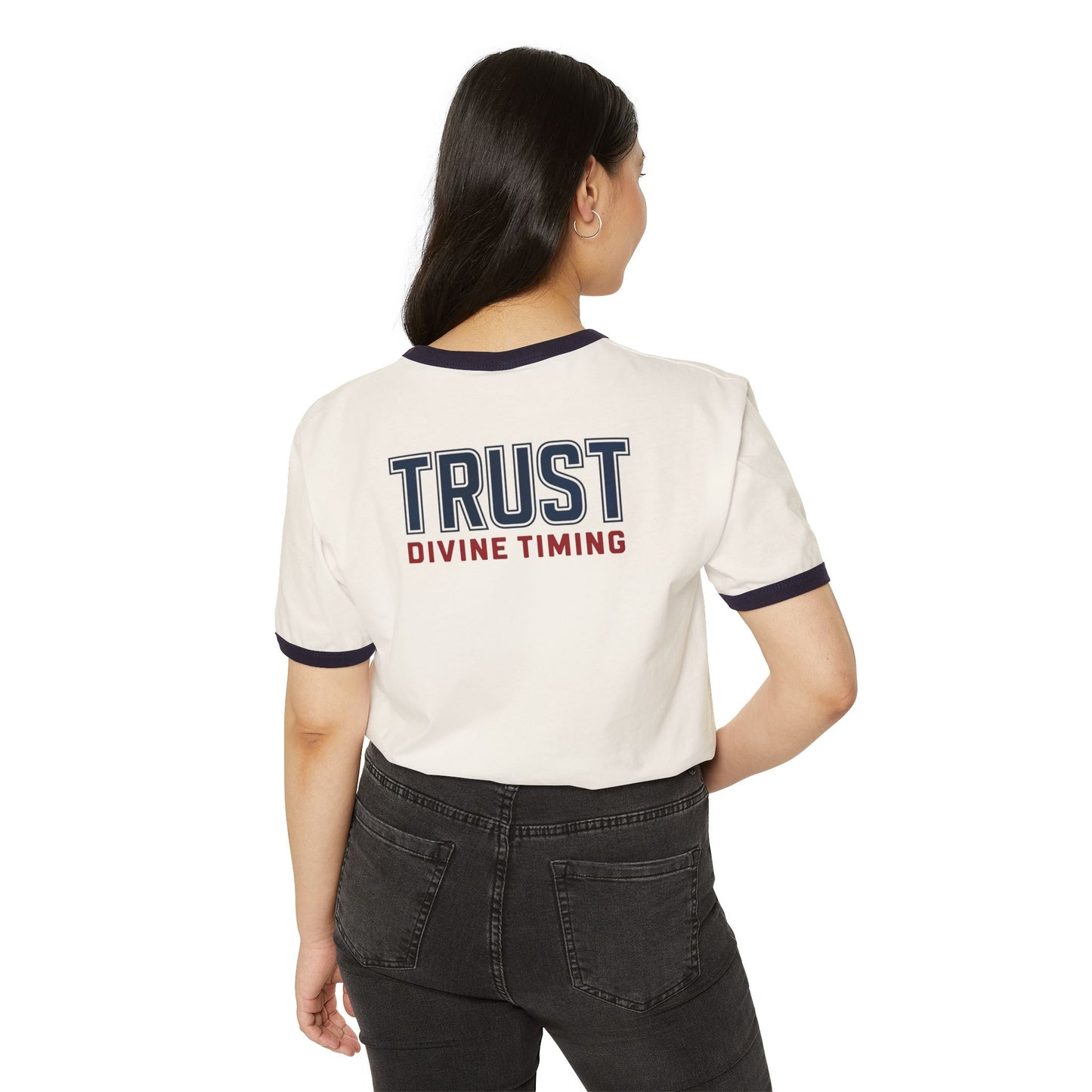 "Trust Divine Timing" #02, Unisex Cotton Ringer T-Shirt