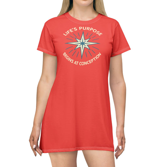 "Life's Purpose Begins at Conception #01", T-Shirt Dress (Retro Fade Red)