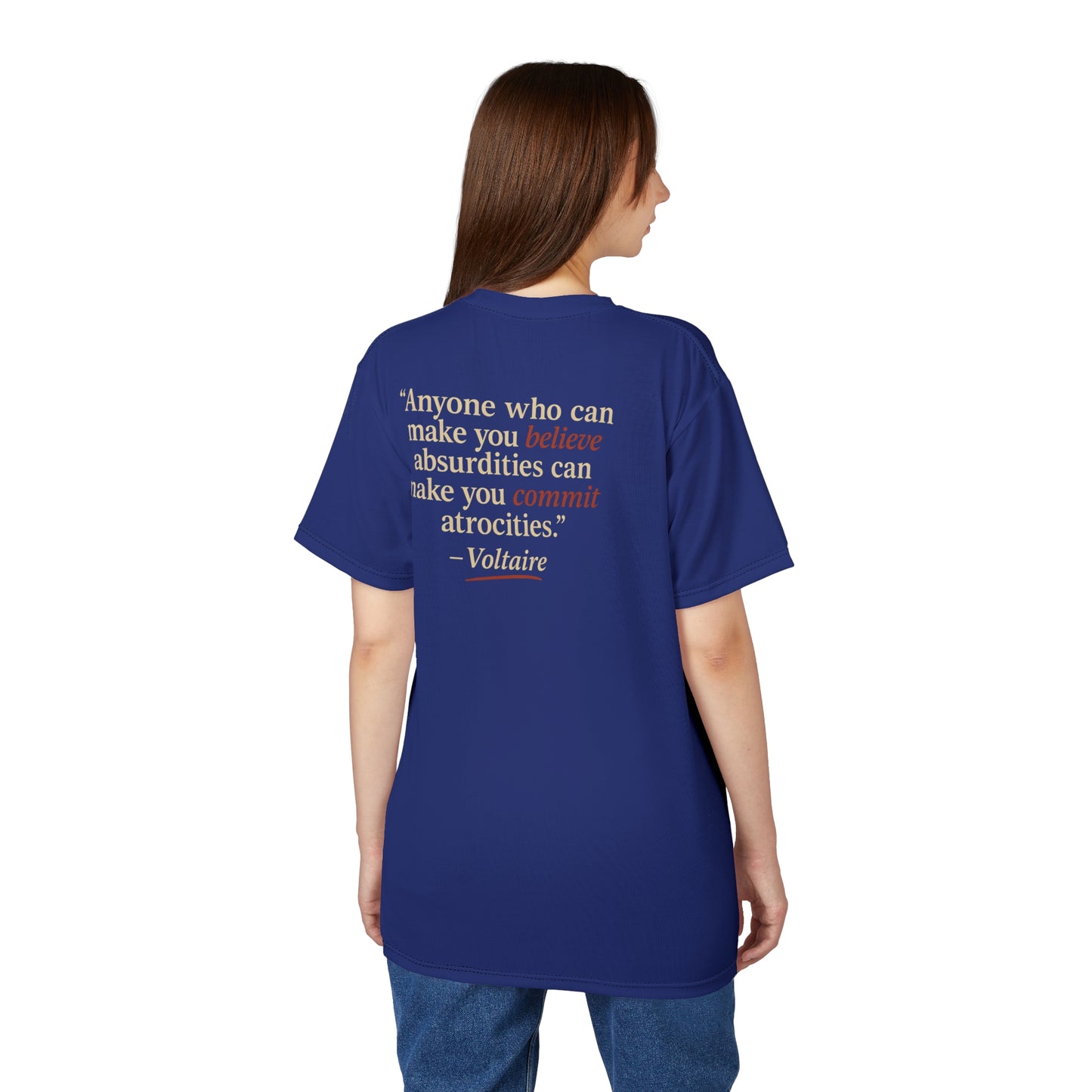 "Beware Woke - Voltaire", Wearable Art Unisex T-shirt (Twilight Blue)
