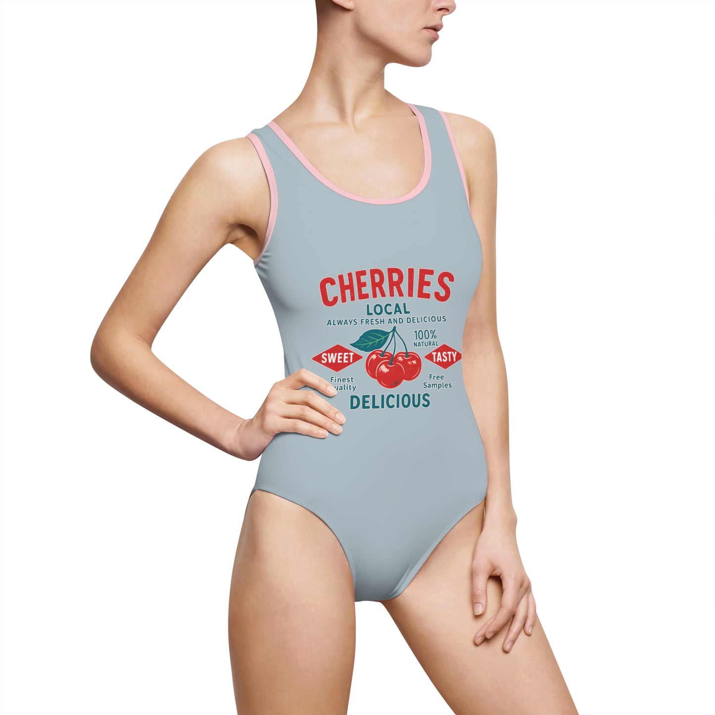 "Delicious Cherries", Women's Classic One-Piece Swimsuit (Washed Silver-Blue)