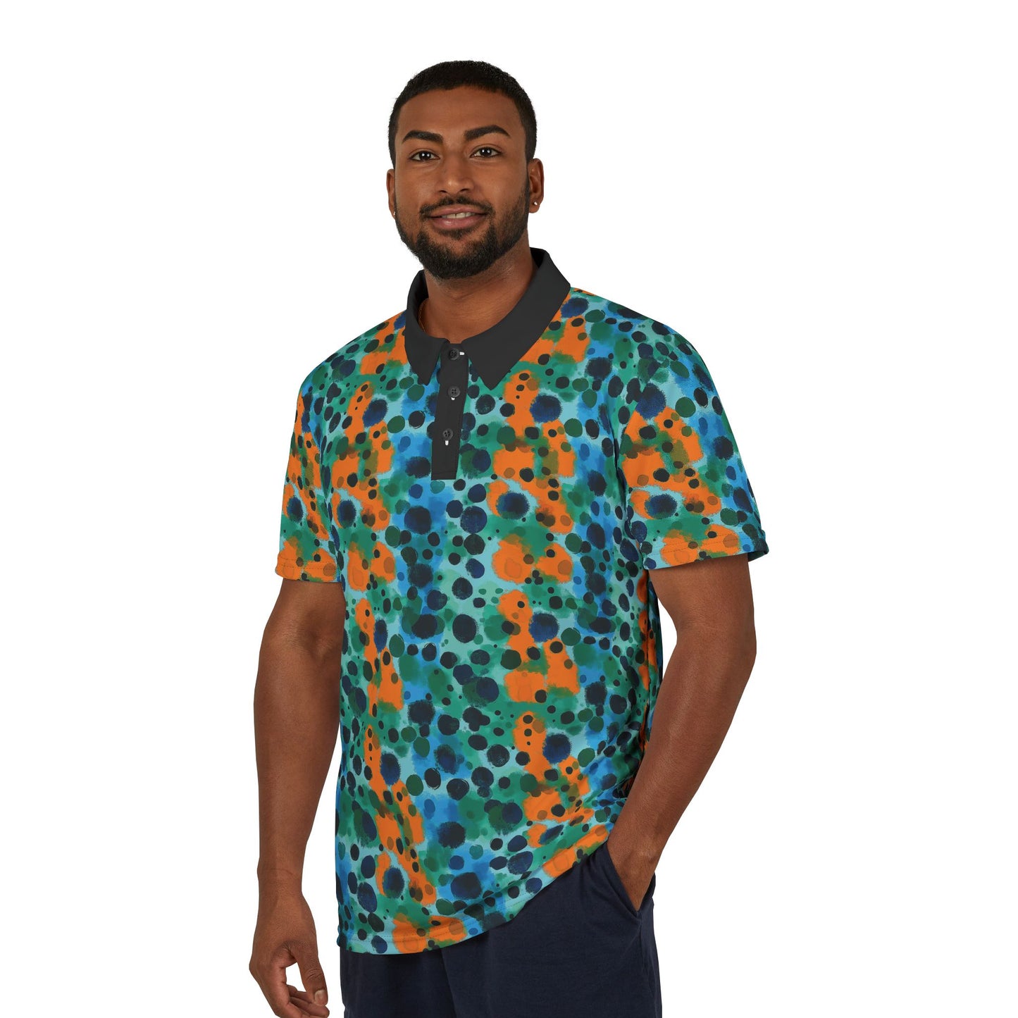 "Midnight Coral", Unisex Polo Shirt (Black Collar)
