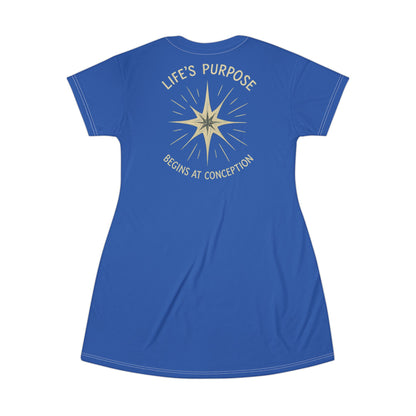 "Life's Purpose Begins at Conception #02", T-Shirt Dress (Dark-Wash Denim)