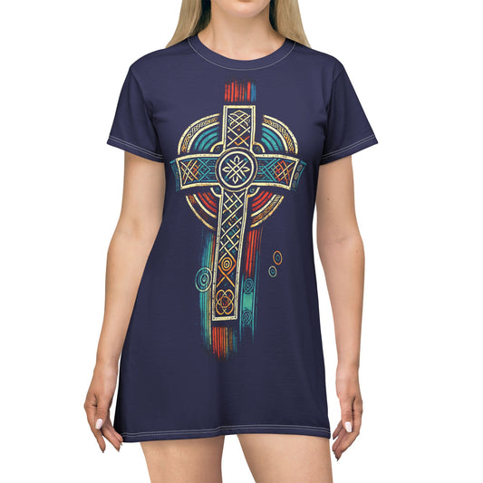 "Ancestral Faith", Wearable Art T-Shirt Dress (Obsidian Blue)