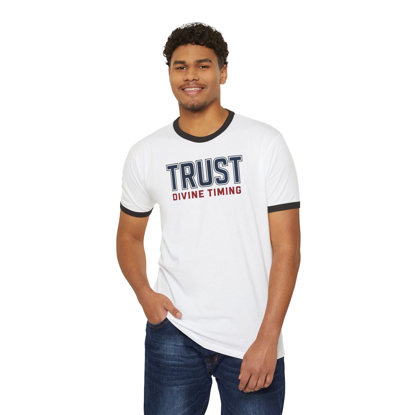 "Trust Divine Timing" #02, Unisex Cotton Ringer T-Shirt