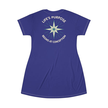 "Life's Purpose Begins at Conception #01", T-Shirt Dress (Cadmium Blue)