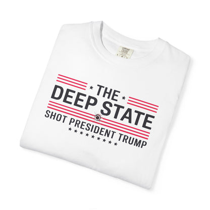"The Deep State Shot President Trump" #02, Unisex White T-shirt