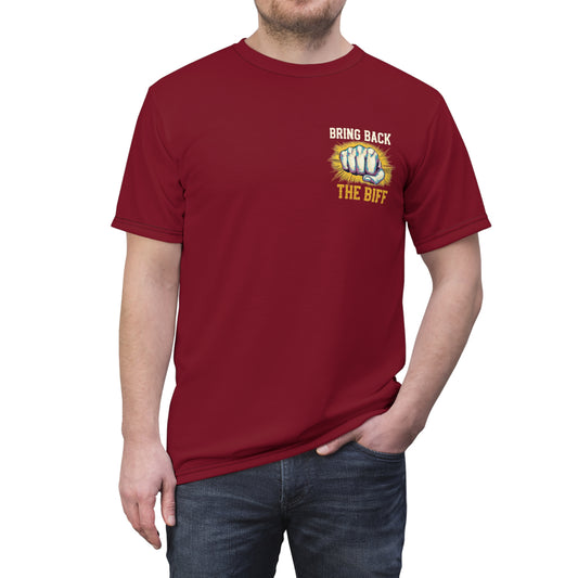 "Bring Back The Biff", Unisex T-shirt (Dark Cherry Red)