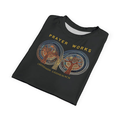 "Prayer Works – Gaelic Christian", Wearable Fine Art Unisex T-shirt (Dark Dùn Grey)
