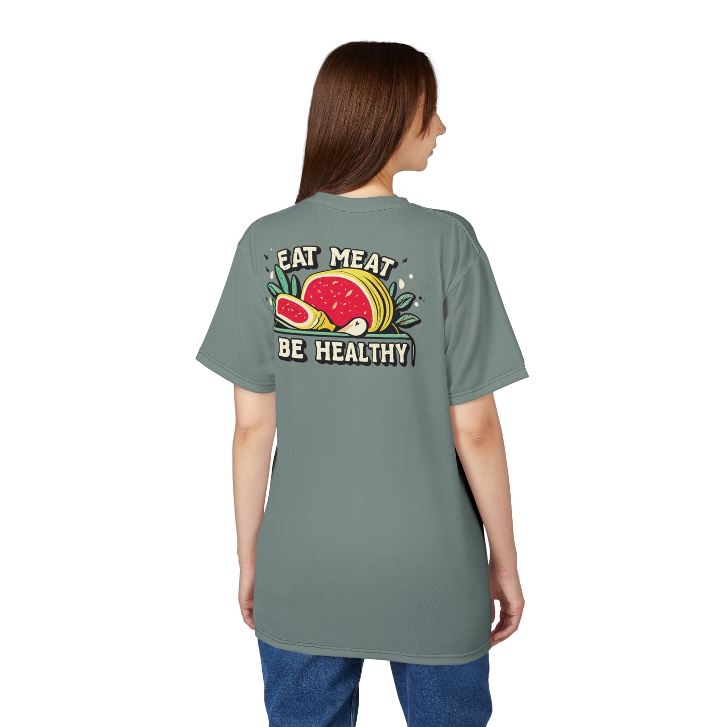 "Eat Meat & Be Healthy", Unisex T-shirt (Hebridean Flint)