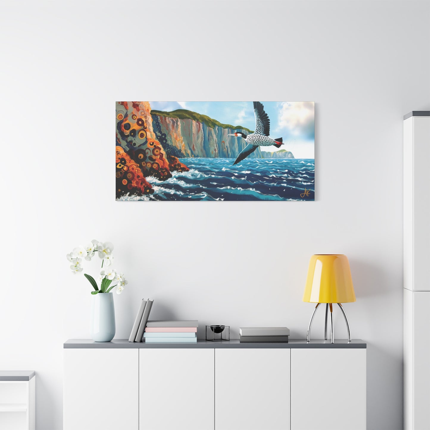 "Sky Kin V – Gannet Past the Ember Cliffs", Fine Art Matte Canvas, Stretched, 1.25"