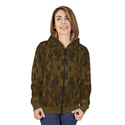"Swamp Recon Camouflage", Unisex Wearable Art Zip Hoodie (Cattail Bronze Cuffs and Waist)