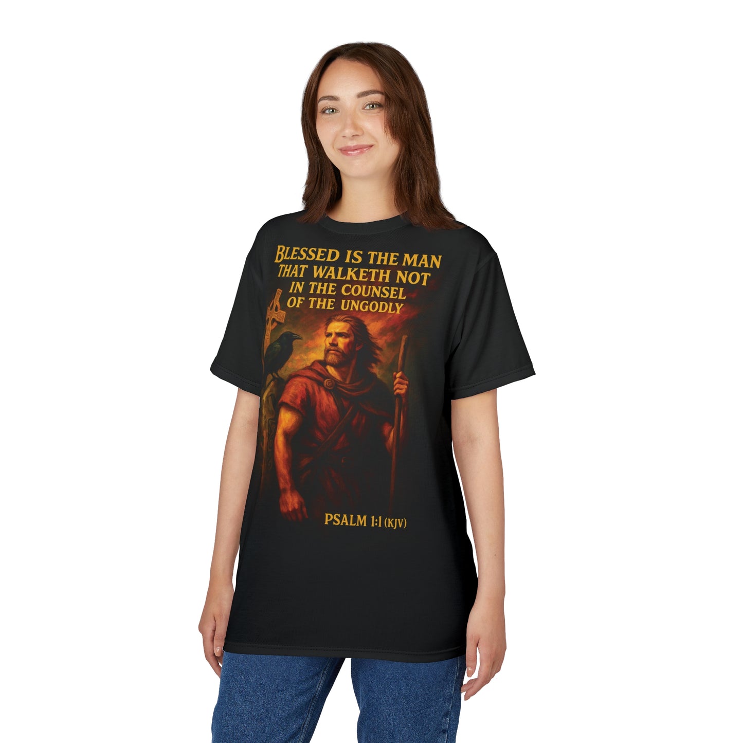 "Psalm 1:1 (KJV)", Wearable Art Unisex T-shirt (Void Black)