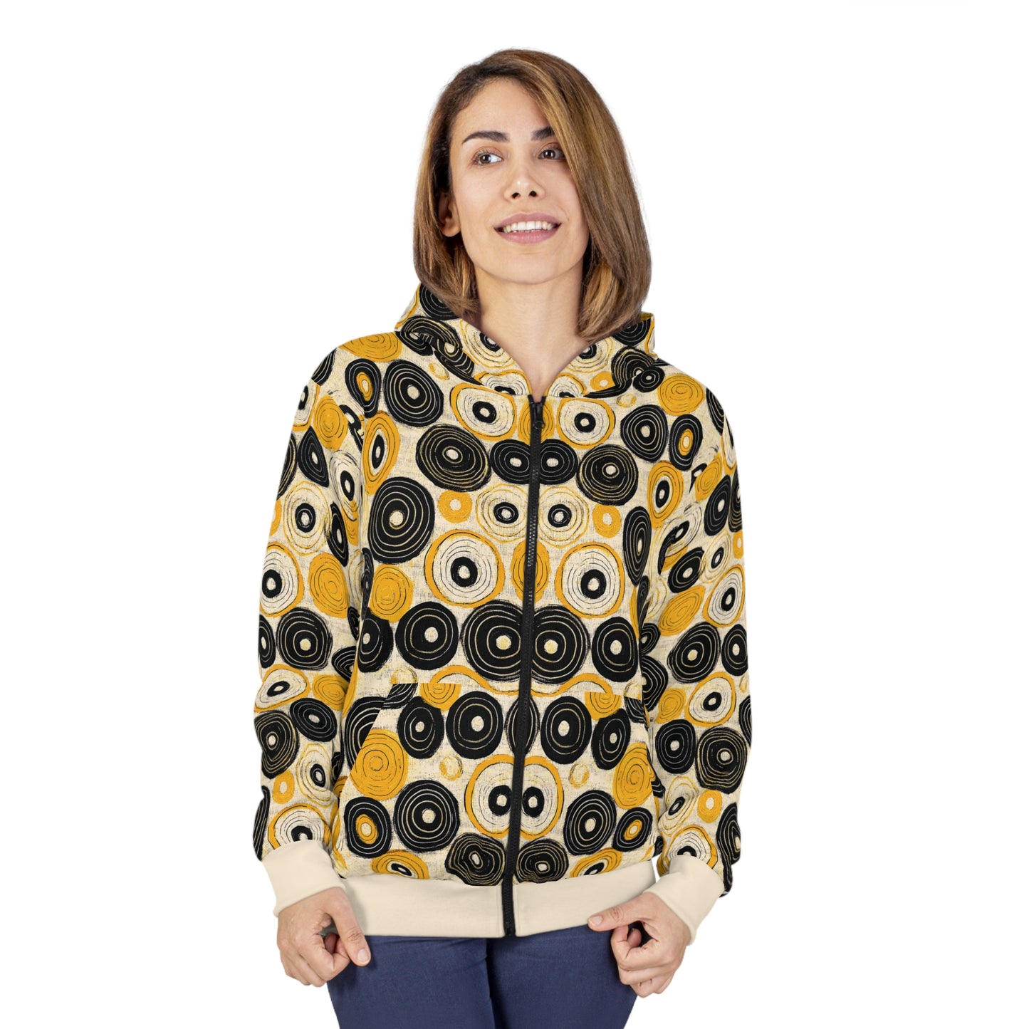 "Old 45's", Wearable Pattern Art Unisex Zip Hoodie (Dough White Cuffs)