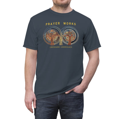"Prayer Works – Gaelic Christian", Wearable Fine Art Unisex T-shirt (Hearthstone Grey)