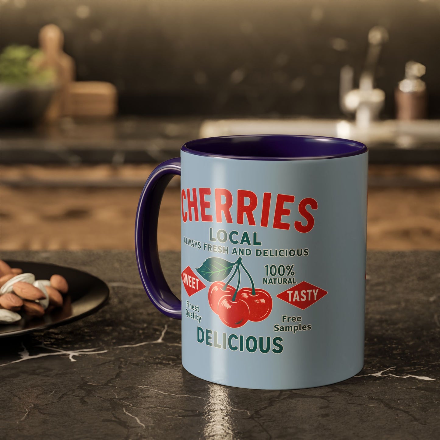"Delicious Cherries", Colorful Mugs (11oz, 15oz) (Retro Sky)