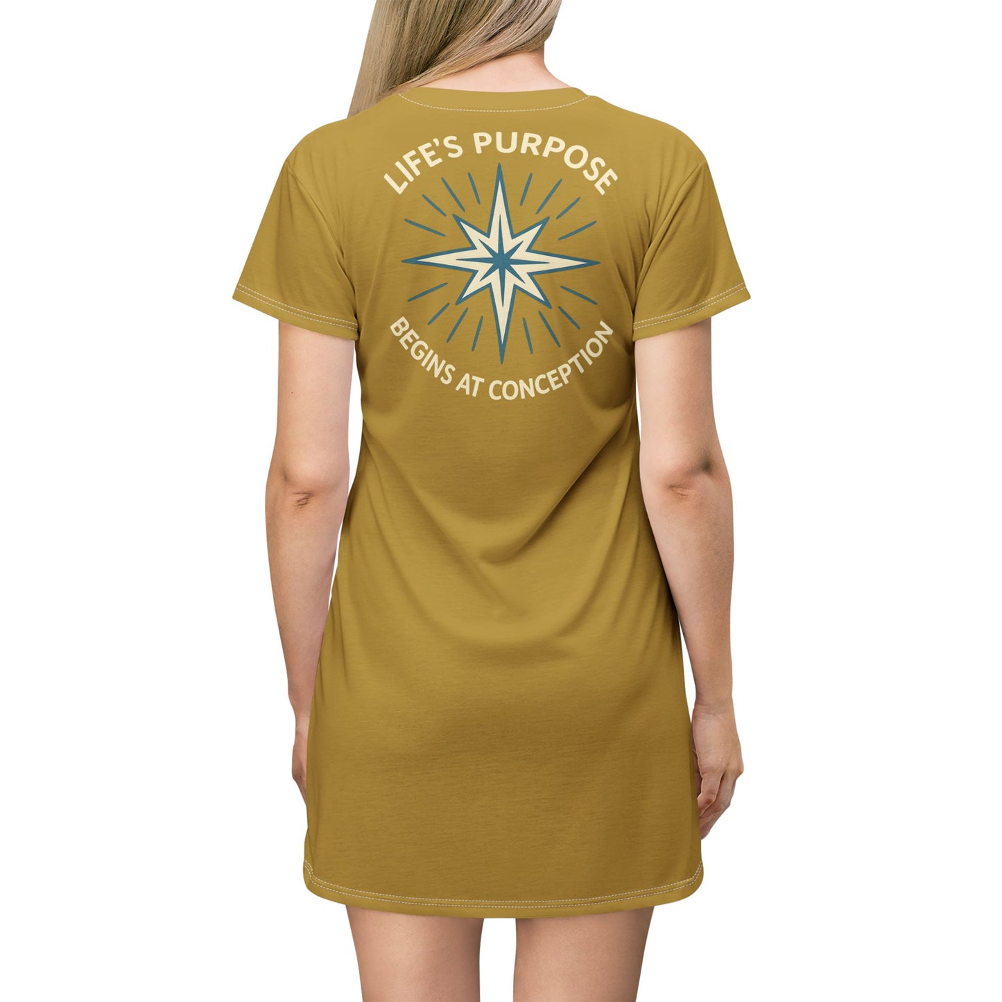 "Life's Purpose Begins at Conception #01", T-Shirt Dress (Crispy Gold)