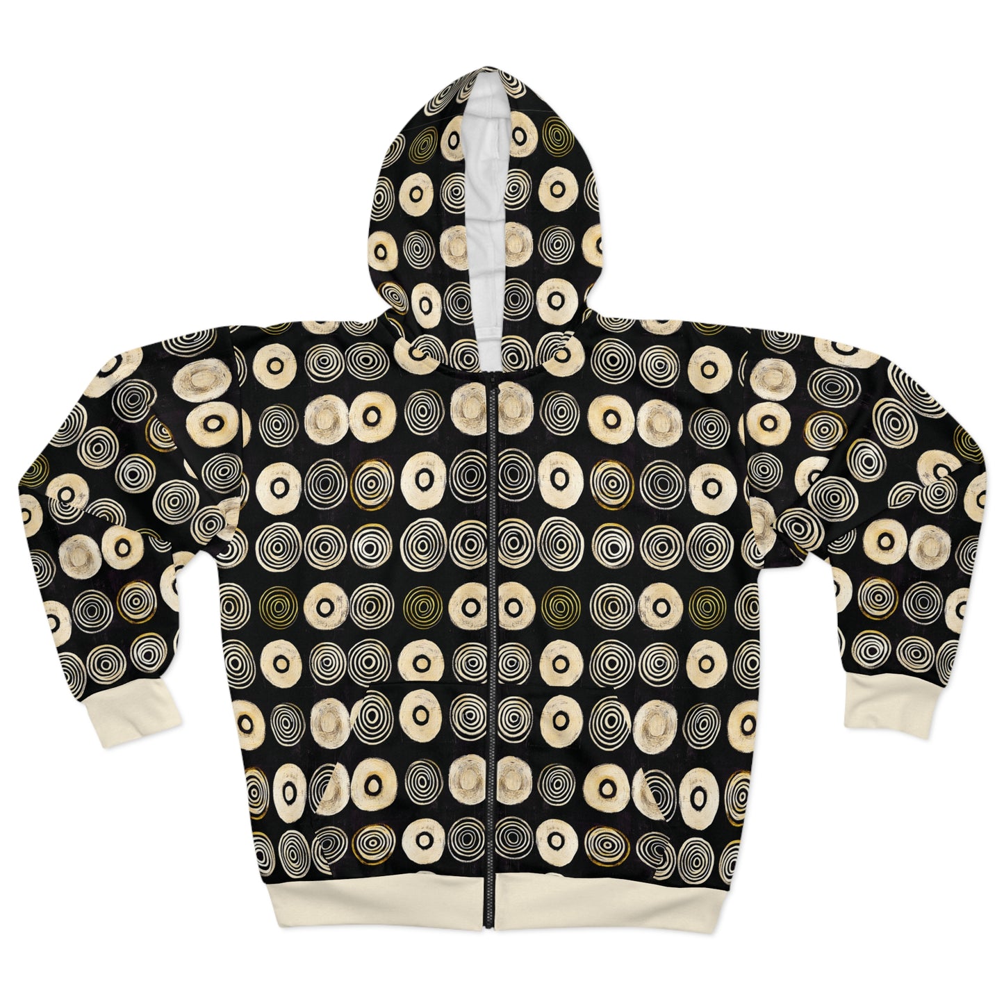 "Punk Polka", Wearable Pattern Art Unisex Zip Hoodie (Iced Almond Cuffs)