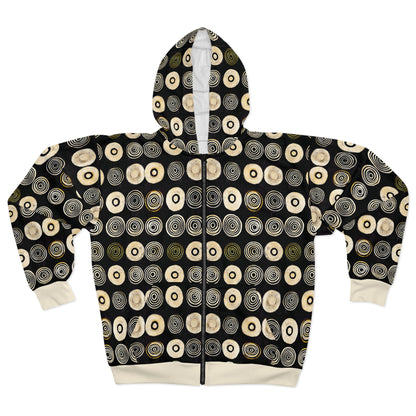 "Punk Polka", Wearable Pattern Art Unisex Zip Hoodie (Iced Almond Cuffs)