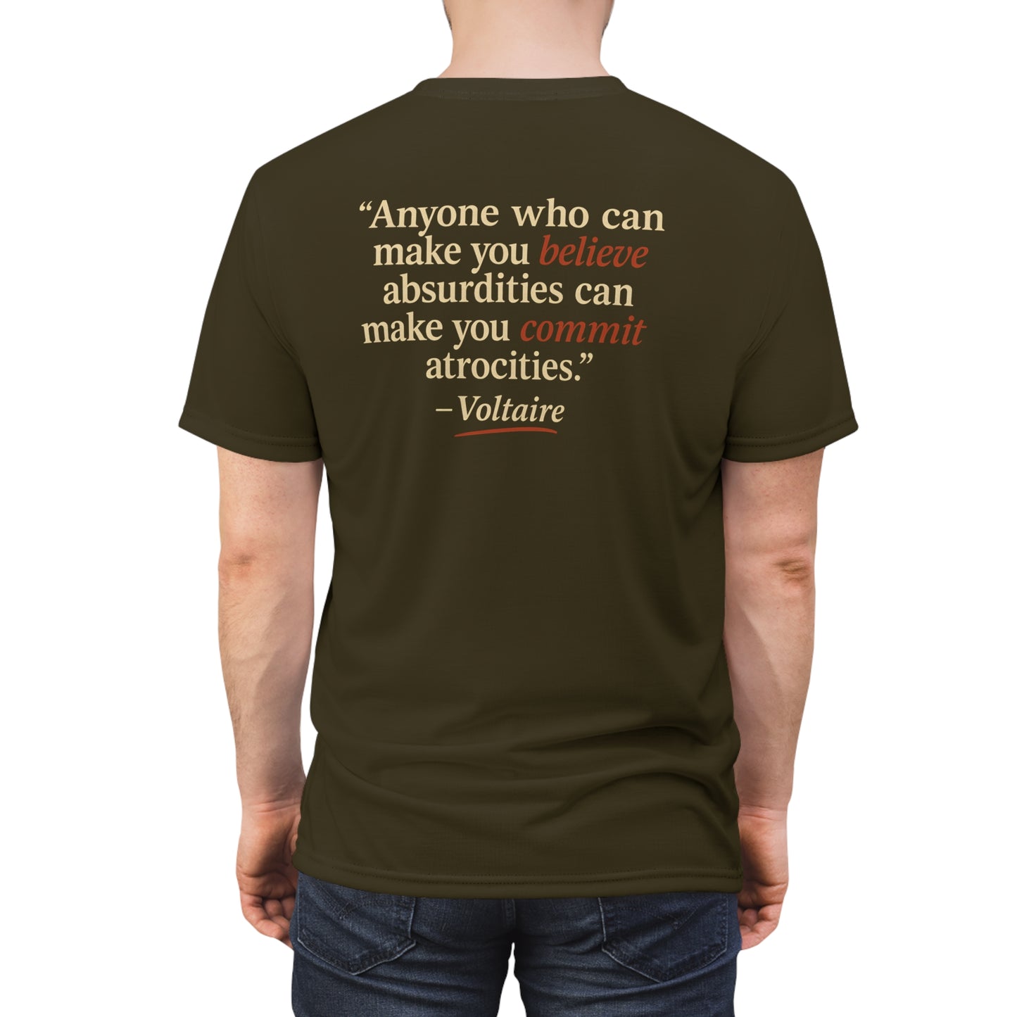 "Beware Woke - Voltaire", Wearable Art Unisex T-shirt (Olive Drab Brown)