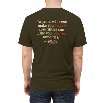 "Beware Woke - Voltaire", Wearable Art Unisex T-shirt (Olive Drab Brown)