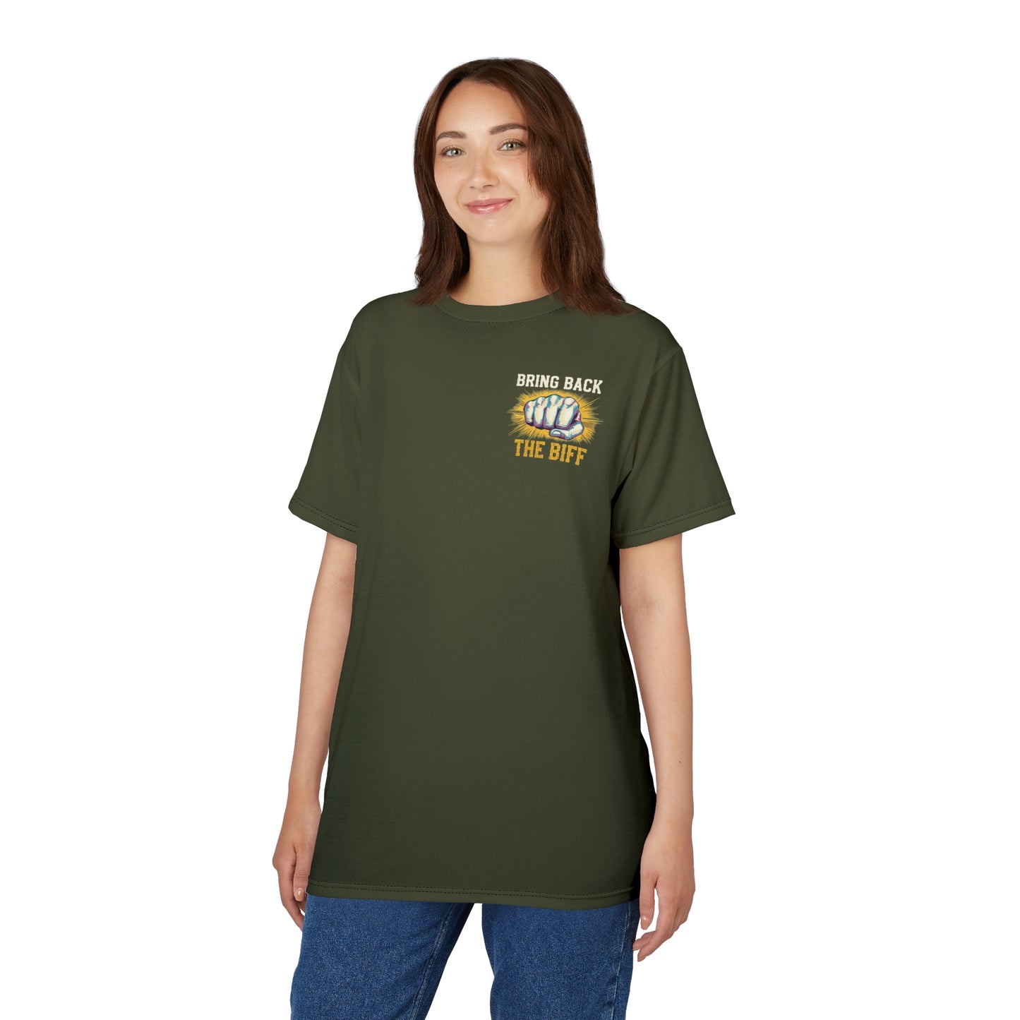 "Bring Back The Biff", Unisex T-shirt (Dark Olive Green)