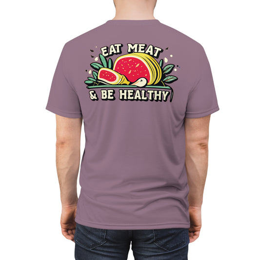 "Eat Meat & Be Healthy", Unisex T-shirt (Mountbatten Pink)