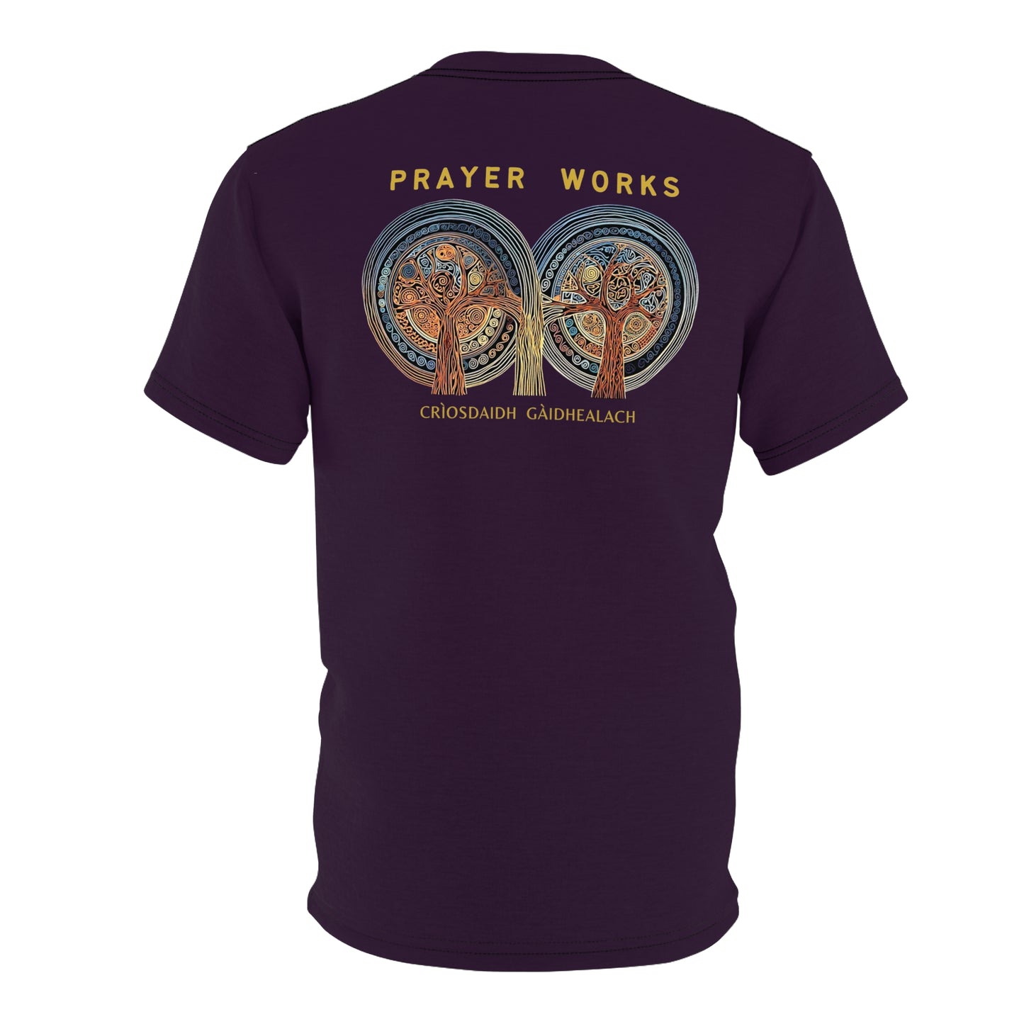 "Prayer Works – Gaelic Christian", Wearable Fine Art Unisex T-shirt (Dark Bramble)