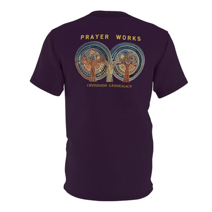 "Prayer Works – Gaelic Christian", Wearable Fine Art Unisex T-shirt (Dark Bramble)